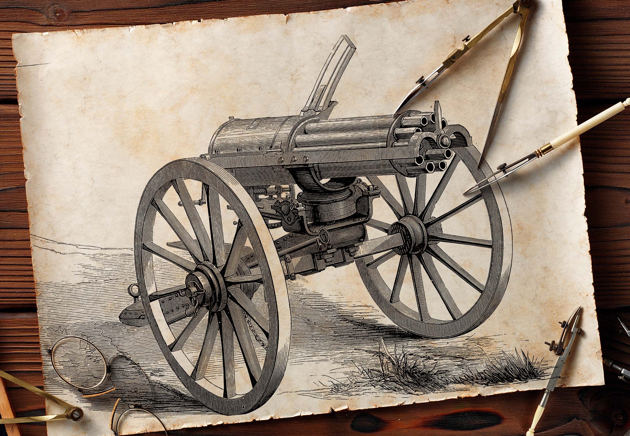 Borgerkrig Gatling Pistol Tegninger Arsenal Cannon Stock Vektorer,