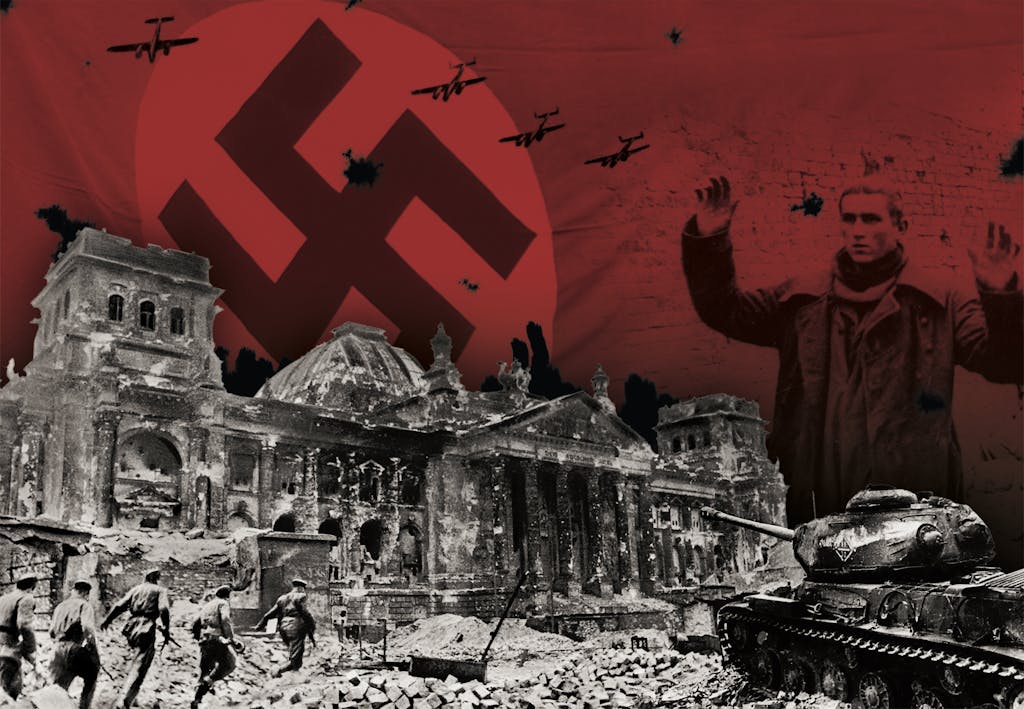 Kollaasi Berliinin taistelusta: raunioitunut valtiopäivätalo ja natsilippu. Kollaasi Berliinin taistelusta: raunioitunut valtiopäivätalo ja natsilippu.