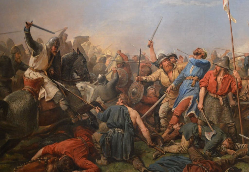 Hvordan forsvandt vikingerne fra Storbritannien Maleri af Slaget ved Stamford Bridge