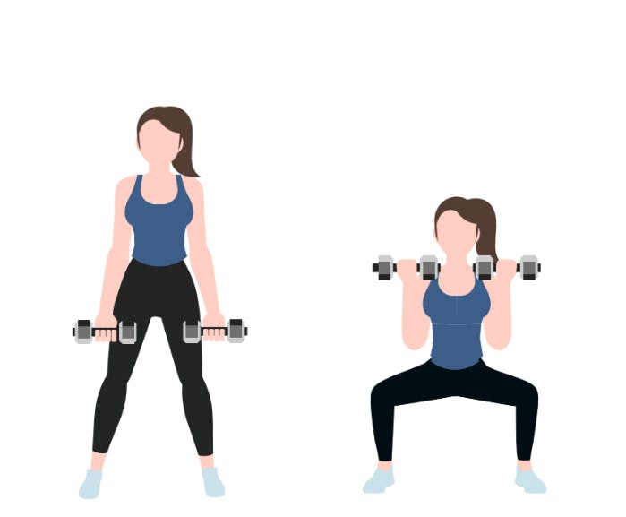 Illustration av kvinna som gör sumo-squat med biceps