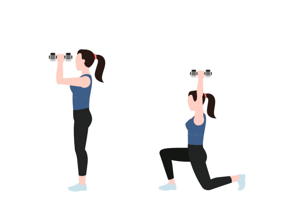 Illustration av kvinna som gör utfall med armarna upp