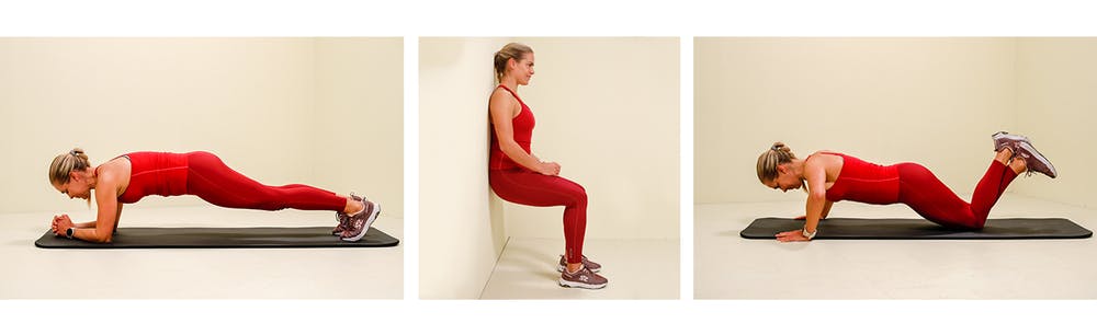 Nainen tekee lankkua, seinäistuntaa ja punnerruksia