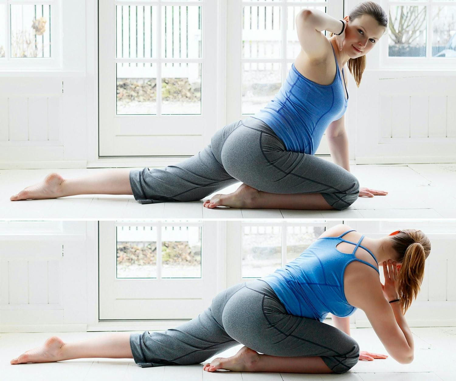 Gravid kvinne utfører øvelser på gulvet