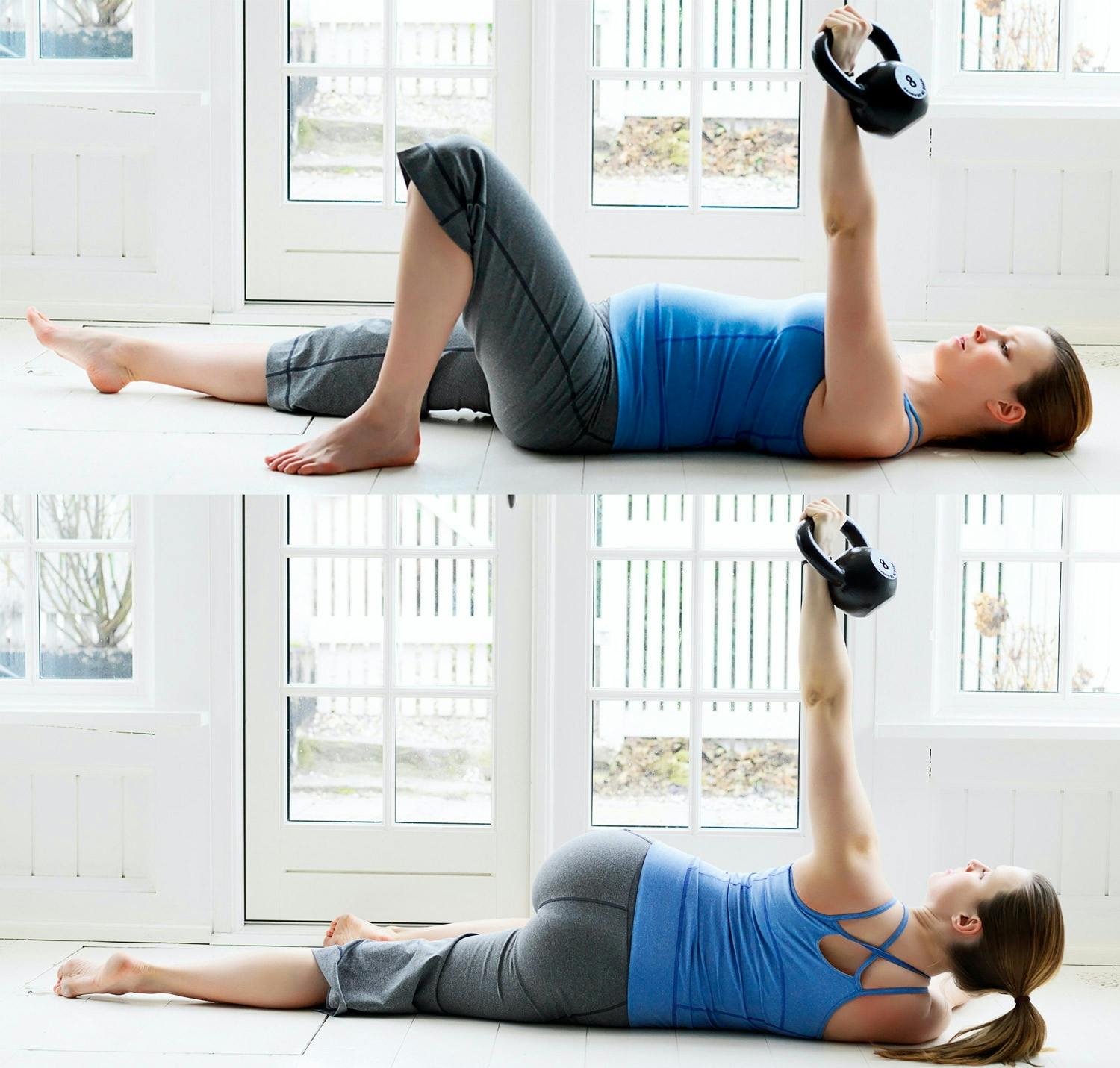 Gravid kvinne gjør øvelser på gulvet