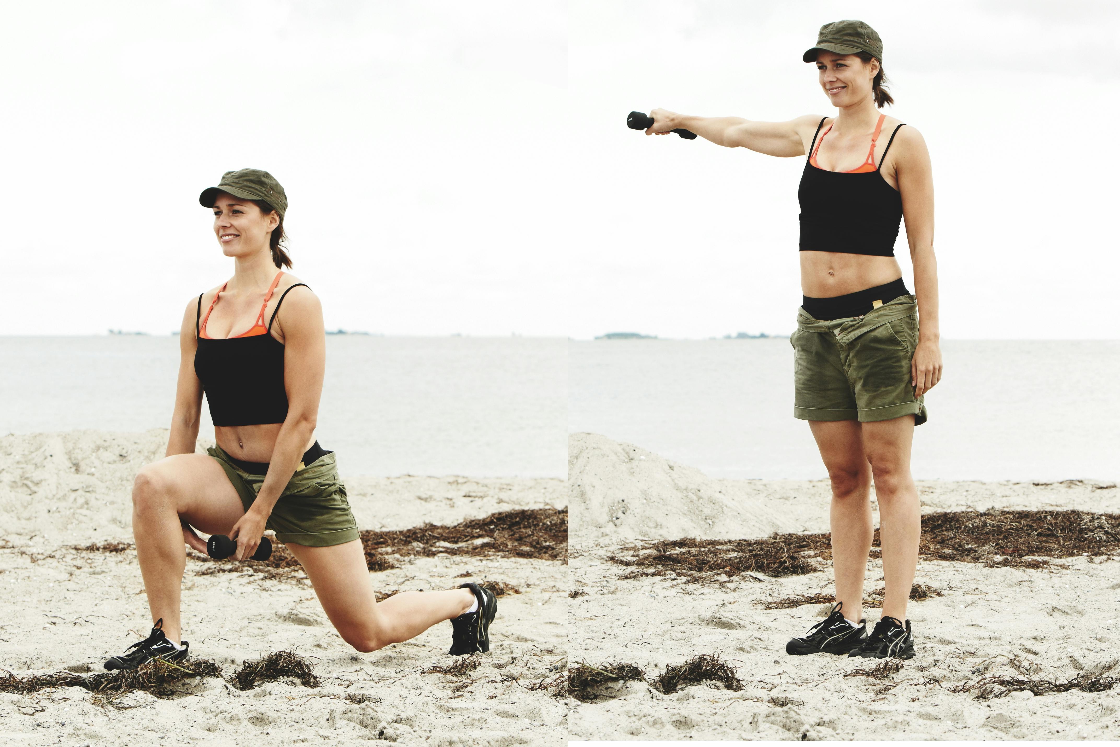 Kvinne gjør utfall med armløft