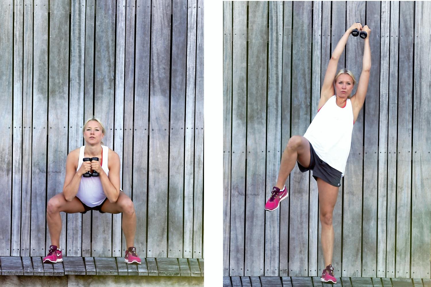 kvinde laver squat med diagonalt stræk