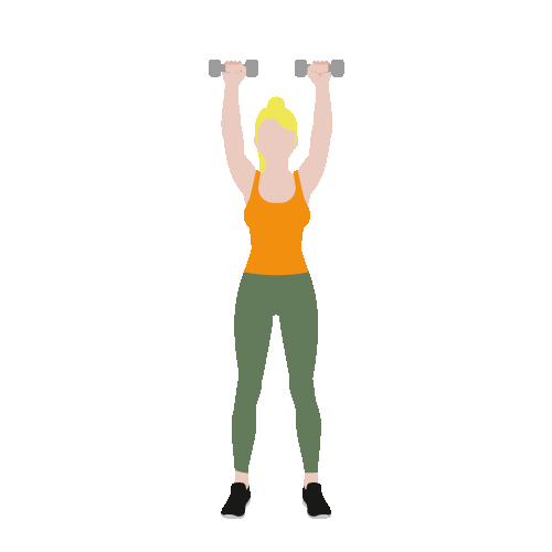 Tegning af kvinde, der laver skulderpres med håndvægte