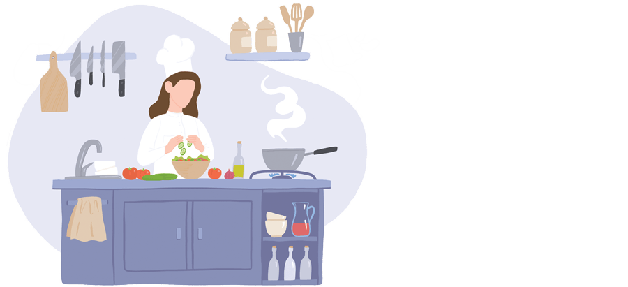 Illustration av kvinna i köket - FAQ om mat till I FORMs Kostplan