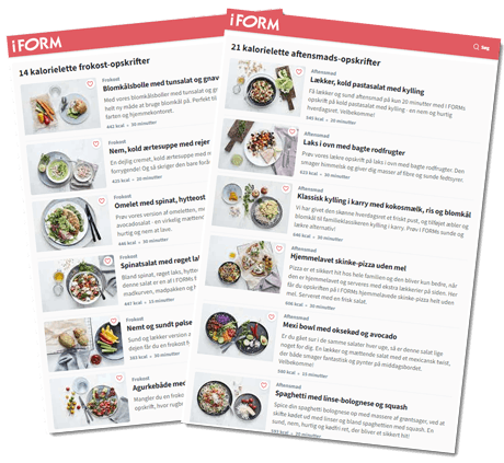 Udsnit af de 51 kalorielette frokost- og aftensmads-opskrifter til I FORMs kostplaner
