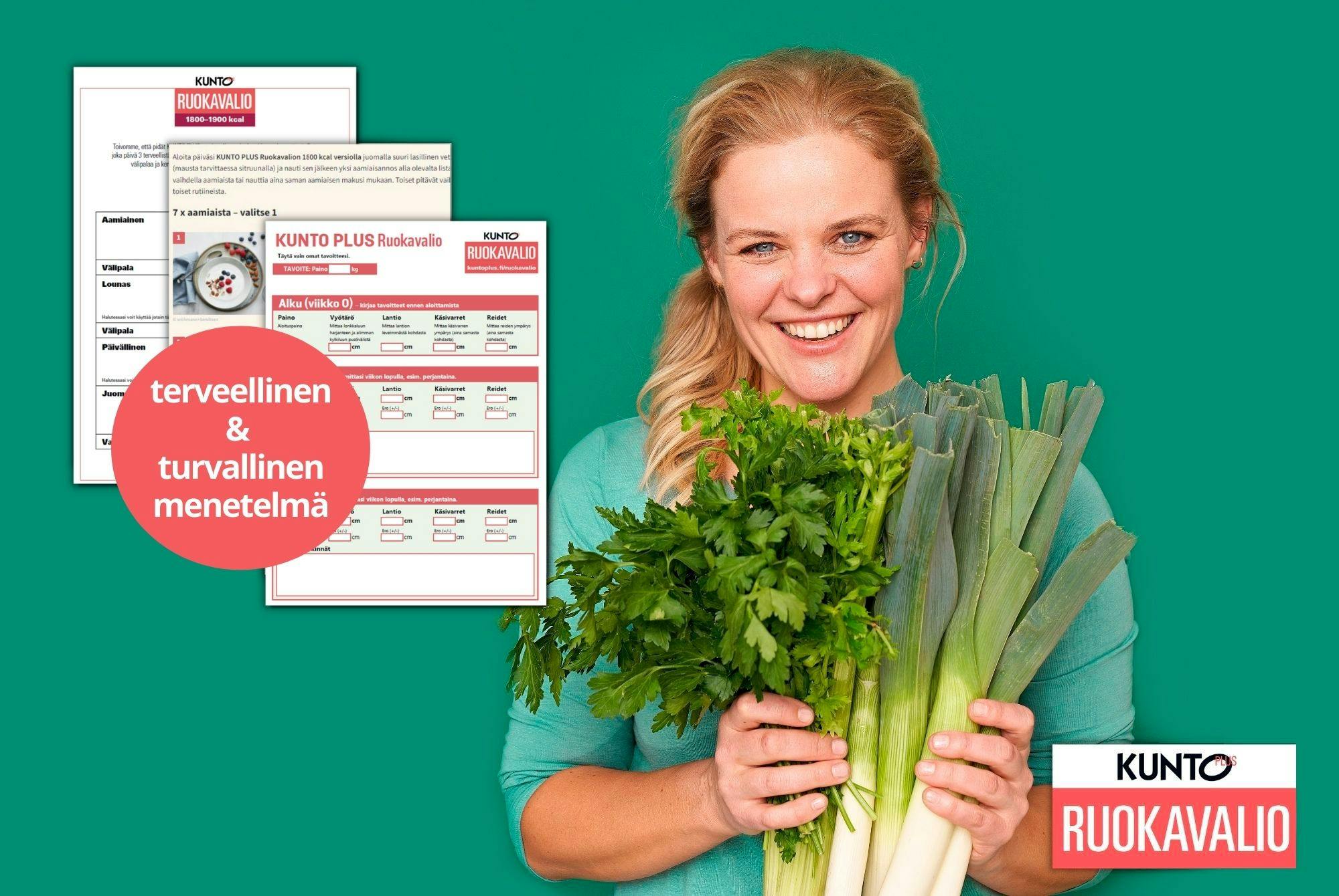 Nainen pitelee vihanneksia käsissään, aikoo noudattaa KUNTO PLUSsan vähäkalorista ruokavaliota