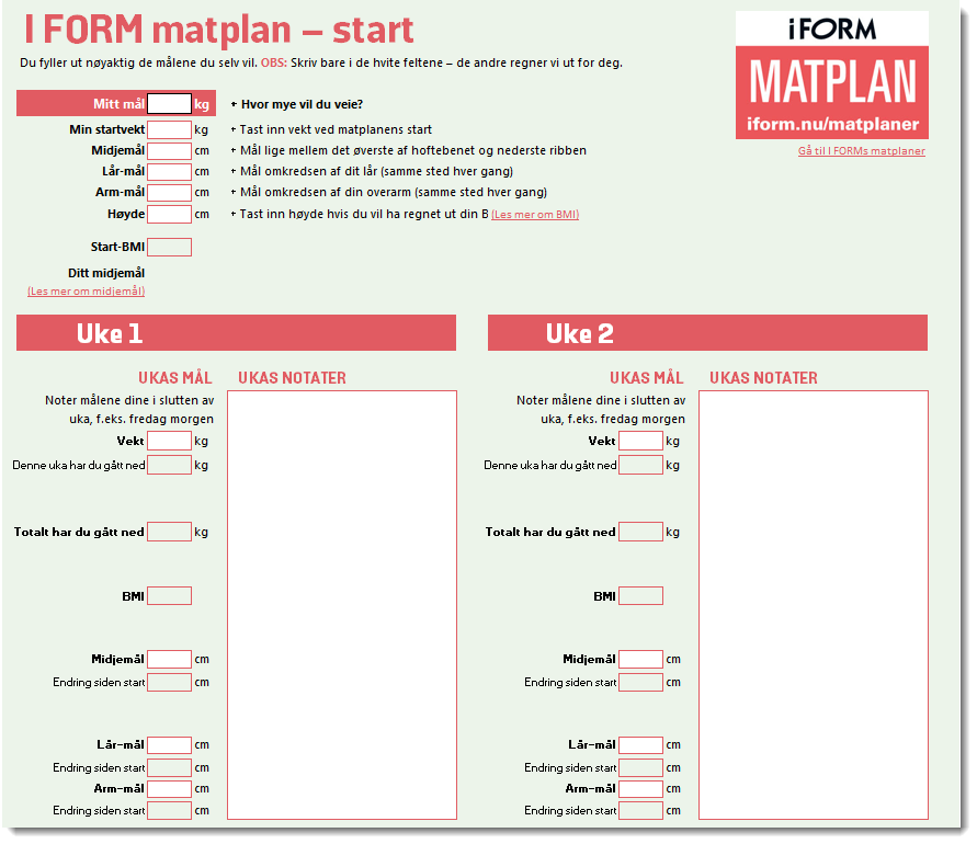 Skjema i Excel-format til I FORM matplan