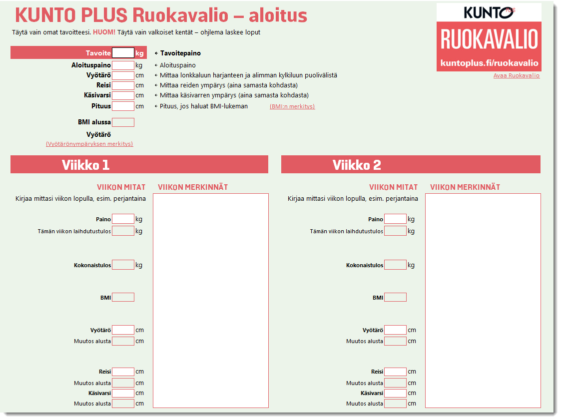 Seurantalomake KUNTO PLUS ruokavalio