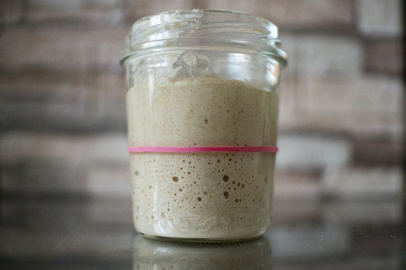 Hapanjuuri laispurkissa ja kuminauha merkkinä dsiitä, paljonko hapanjuuri on kasvanut