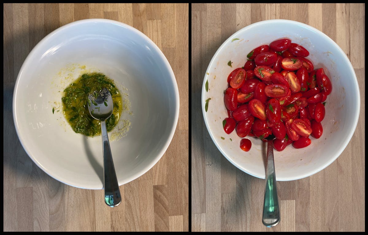 Paahdettuja tomaatteja suolalla, öljyllä ja yrteillä maustettuna