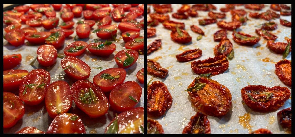 Uunipaahdetut tomaatit ennen ja jälkeen paahtamisen
