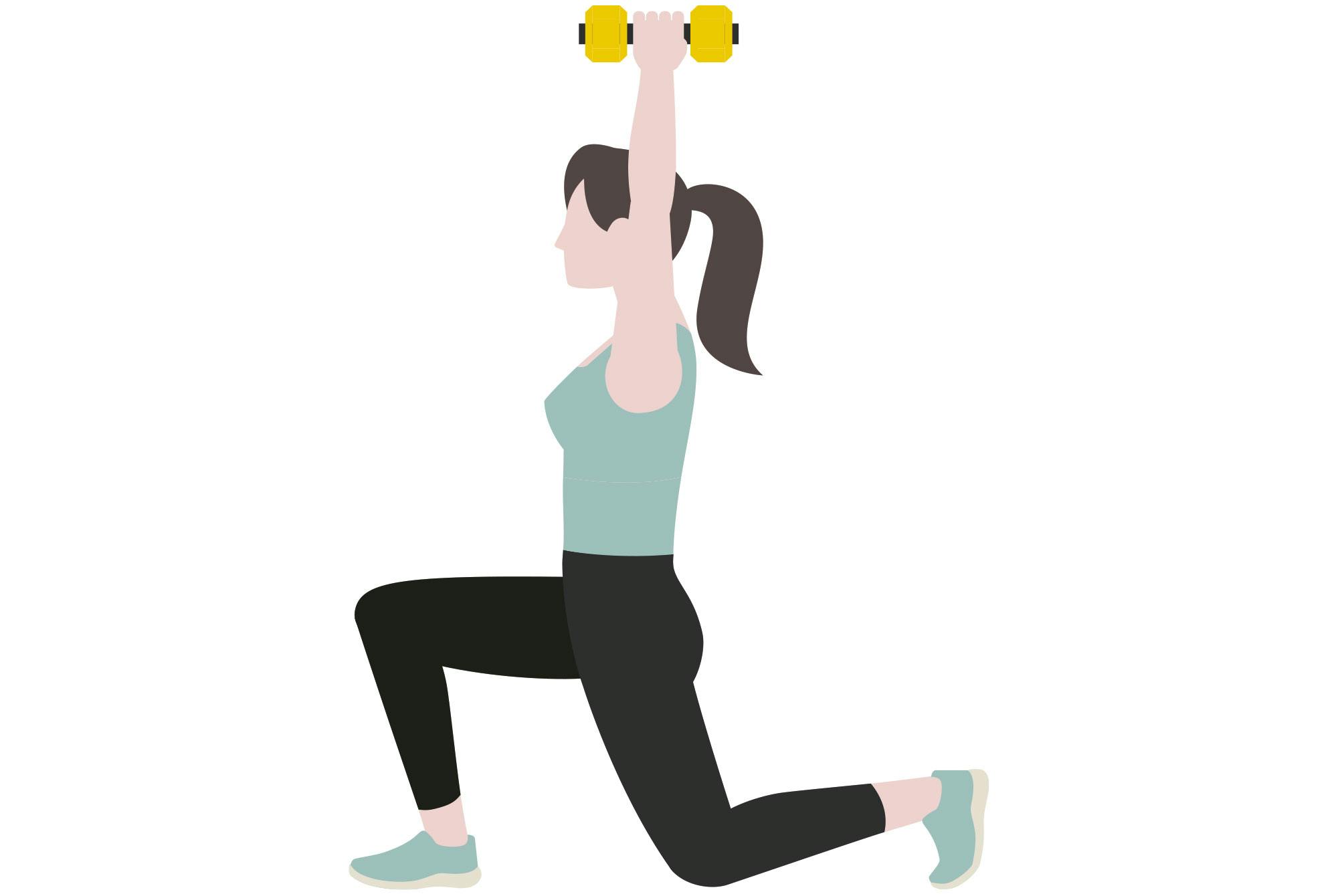 Illustration af kvinde, der laver lunges med håndvægte