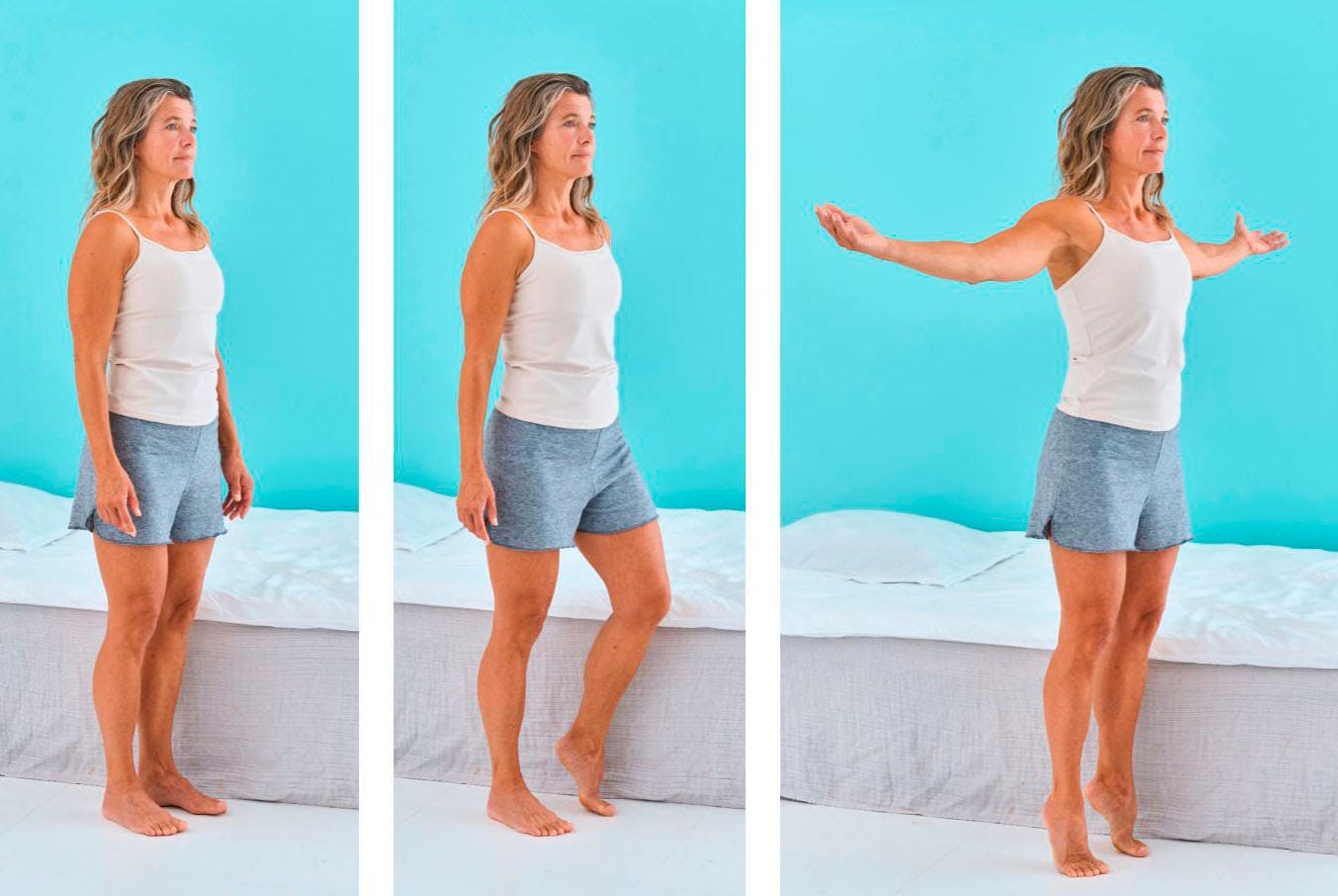 Kvinde går op på tæer ved sengekanten