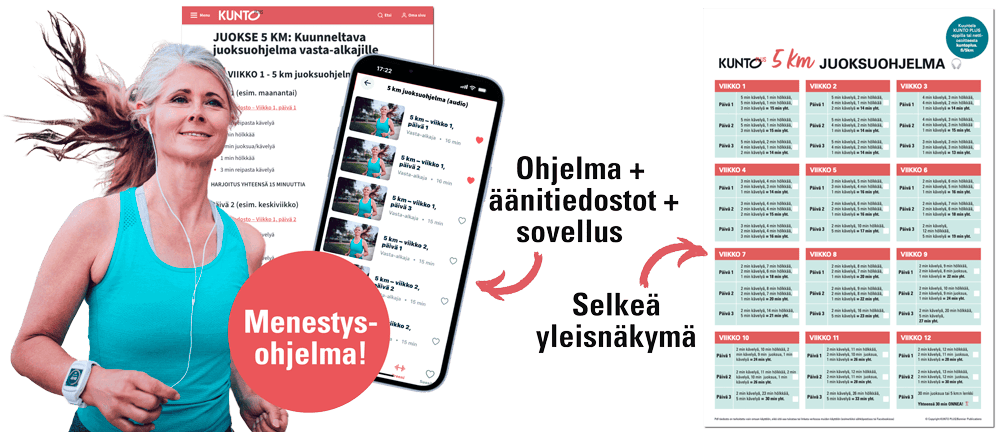 Juoksuohjelma 5 km vasta-alkajille – kaikkea tätä on KUNTO PLUSsan vasta-alkajille suunnattu 5 km:n juoksuohjelma.