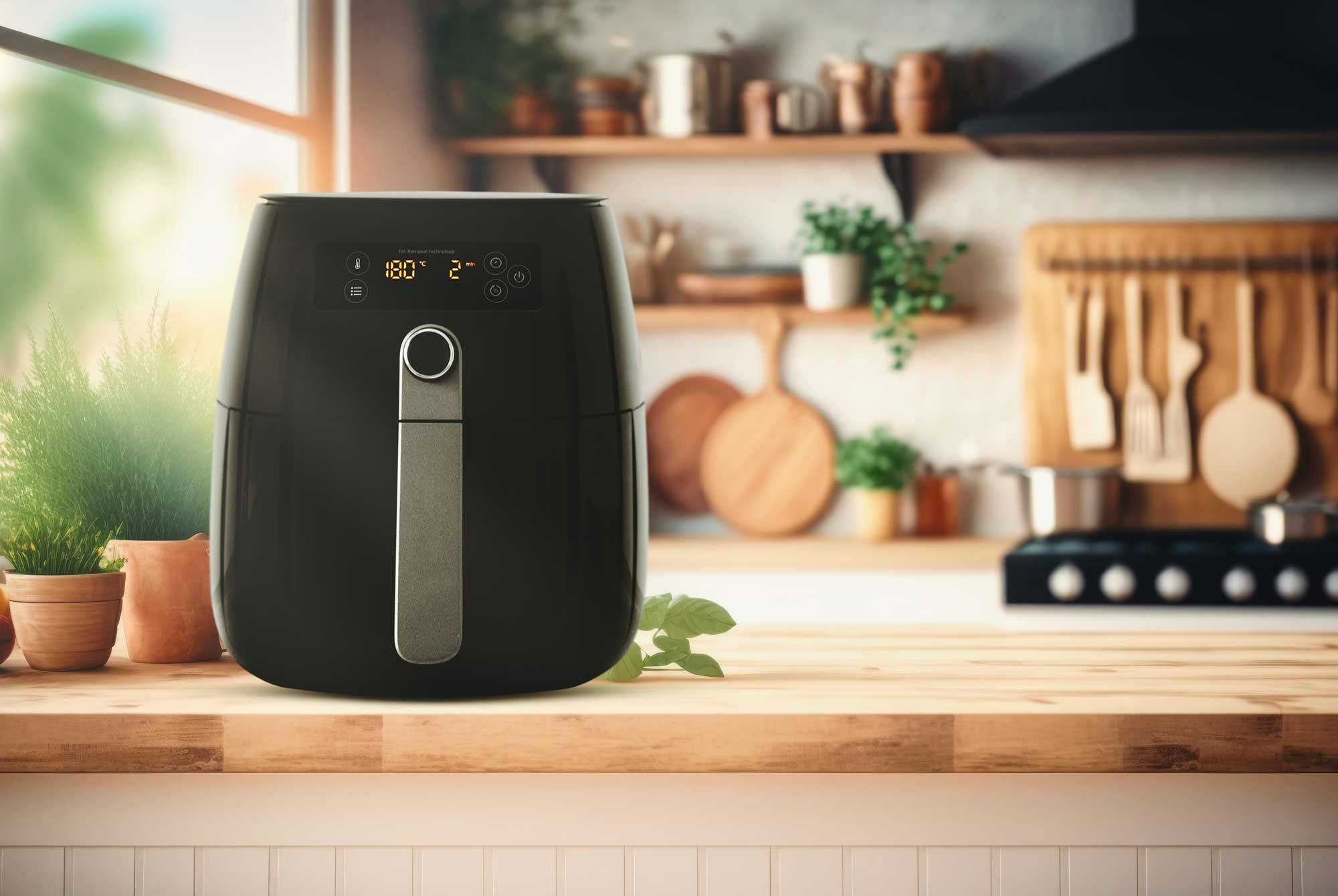 airfryer på kjøkkenbenk, kvinnearm.