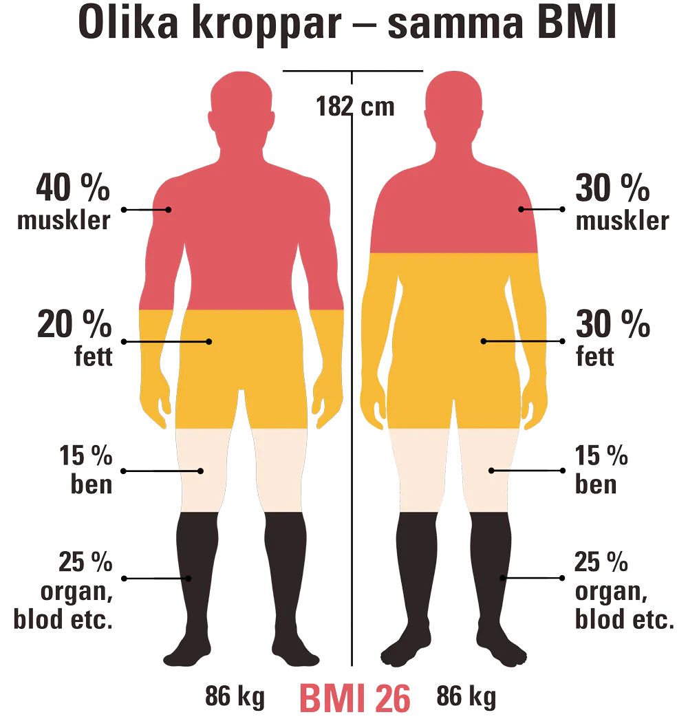 Bild som visar två män med samma längd och vikt och därmed också samma BMI. Den ene är mycket muskulös och har därför inte en ohälsosam vikt som den andre, som är mer rundlagd.