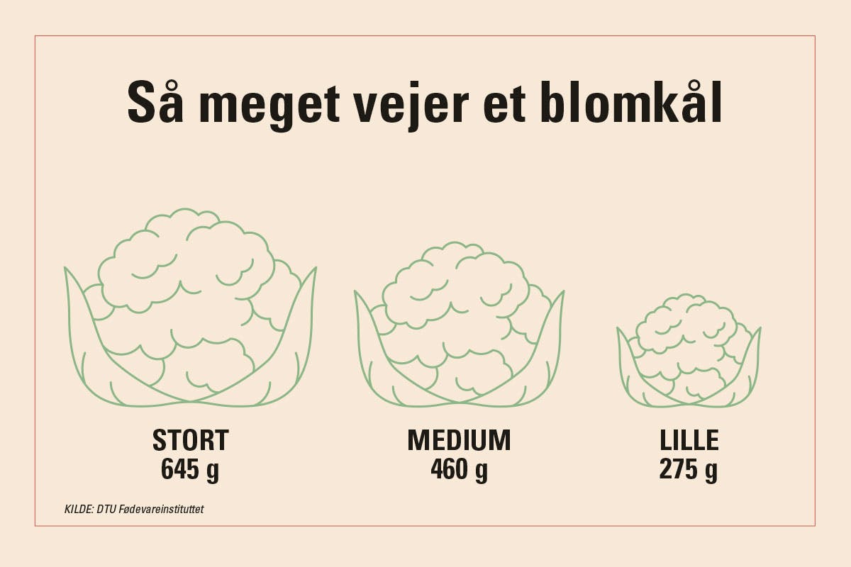 Grafik med vægten på et lille, et medium og et stort blomkål