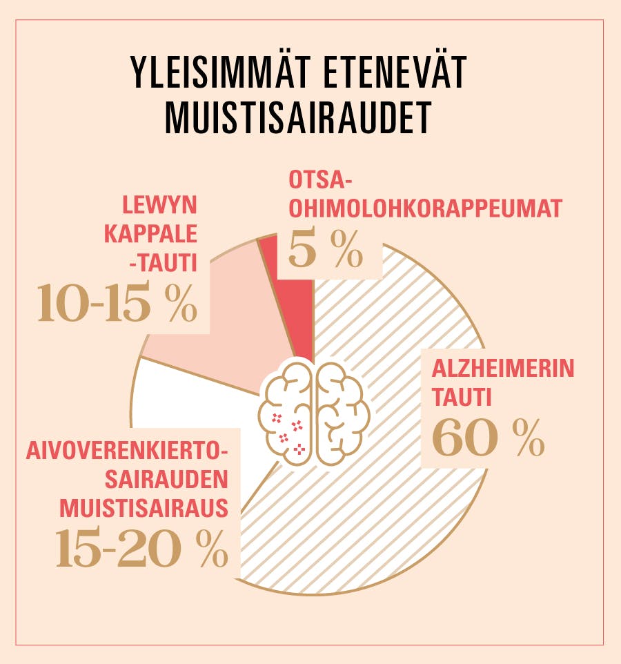 Ympyrädiagrammi yleisimpien muisisairauksien jakautumisesta