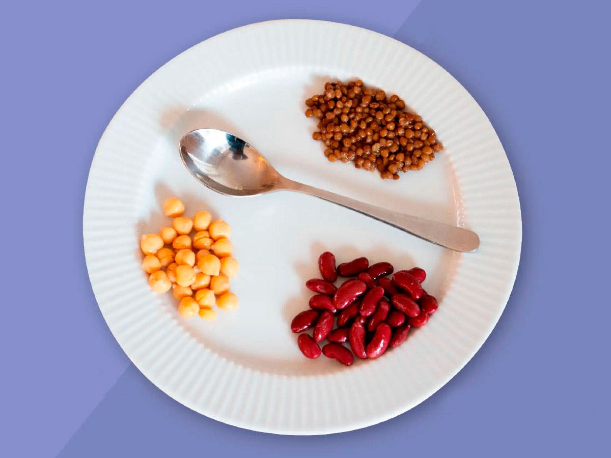 Lautasella esimerkkinä 33 grammaa kikherneitä, 33 grammaa linssejä ja 33 grammaa kidneypapuja.