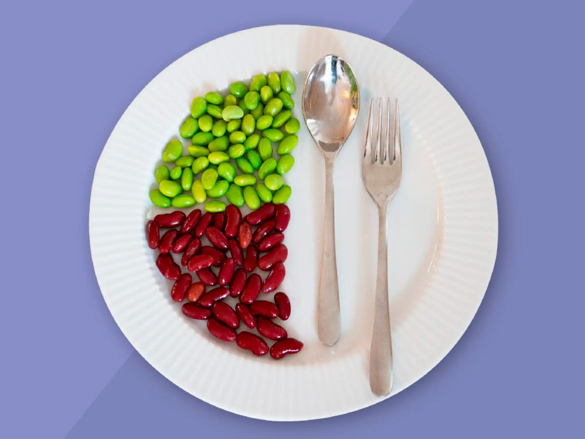 Lautasella esimerkkinä 50 grammaa edamamepapuja ja 100 grammaa kidneypapuja.