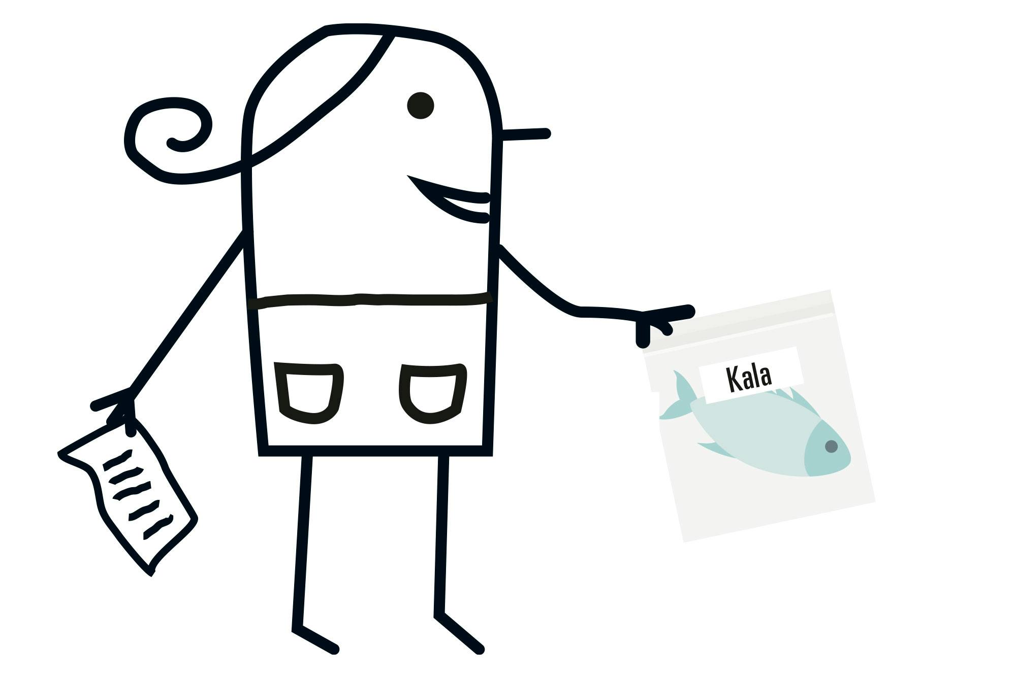 Piirros naisesta, jolla on listoja pakastinta varten