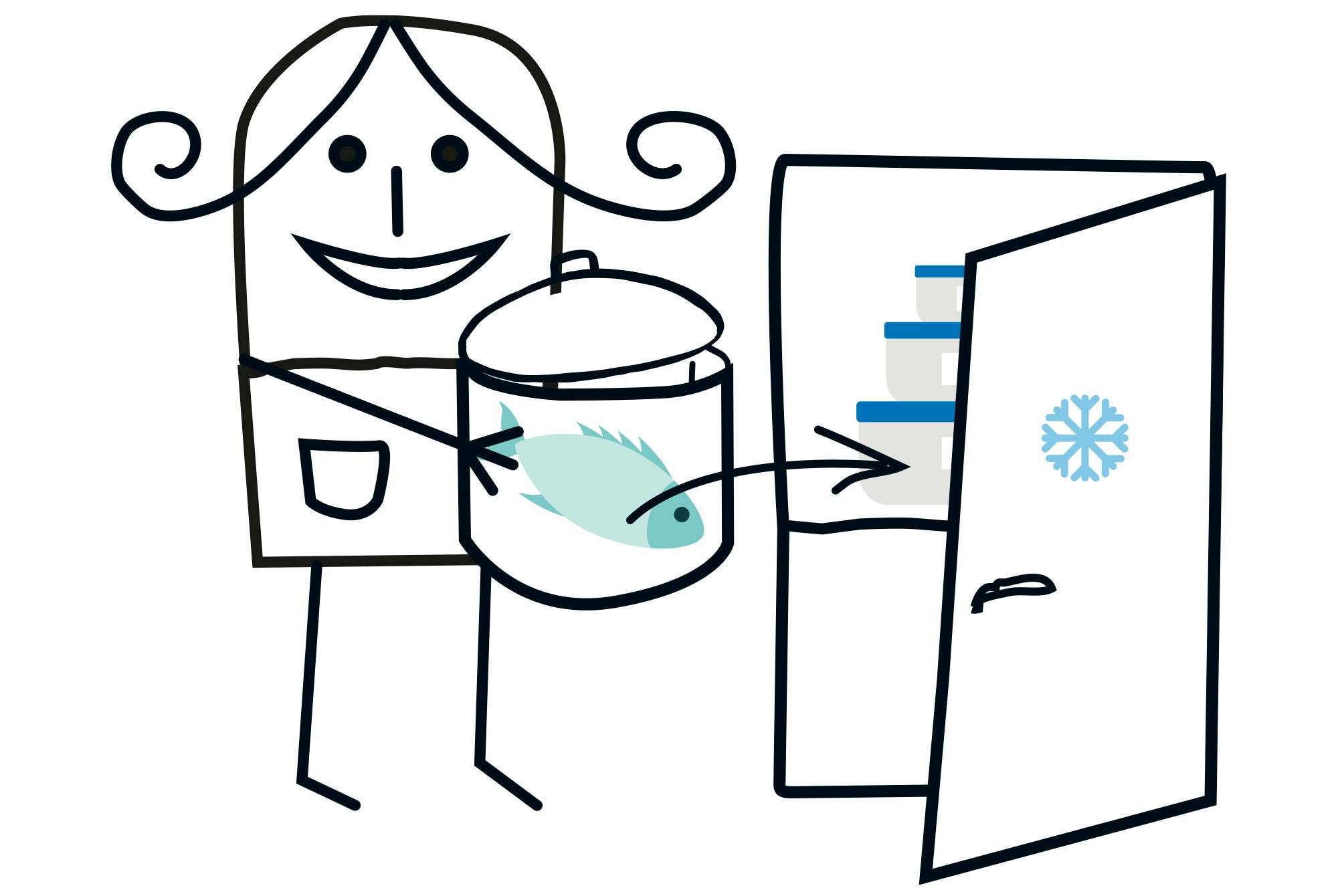 Kvinna som fryser fisk som varit upptinad