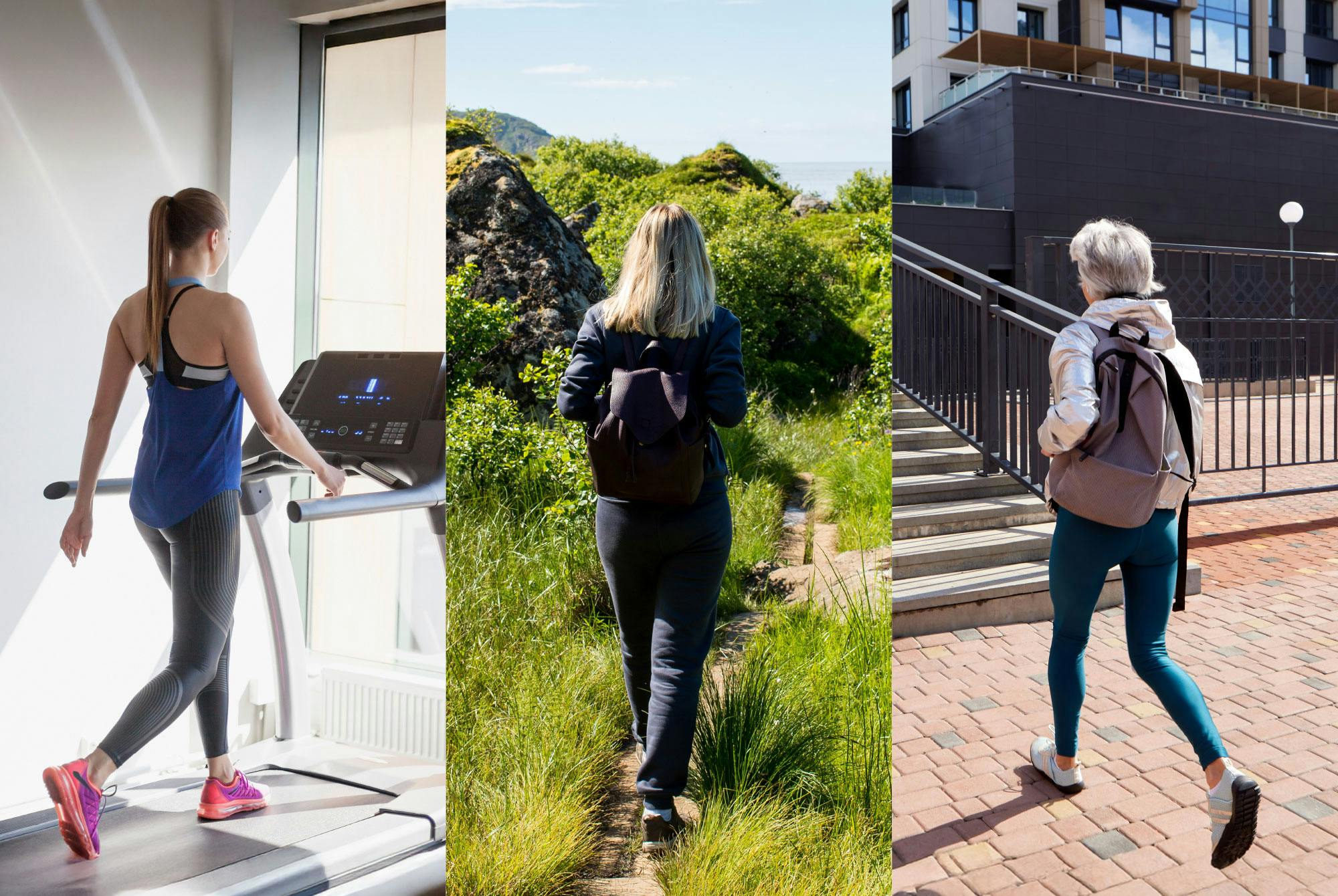 Tre kvinder, der går i hhv. træningscenter, naturen og i byen.