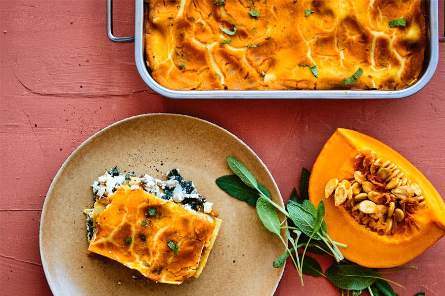 Græskarlasagne med ricotta og spinat