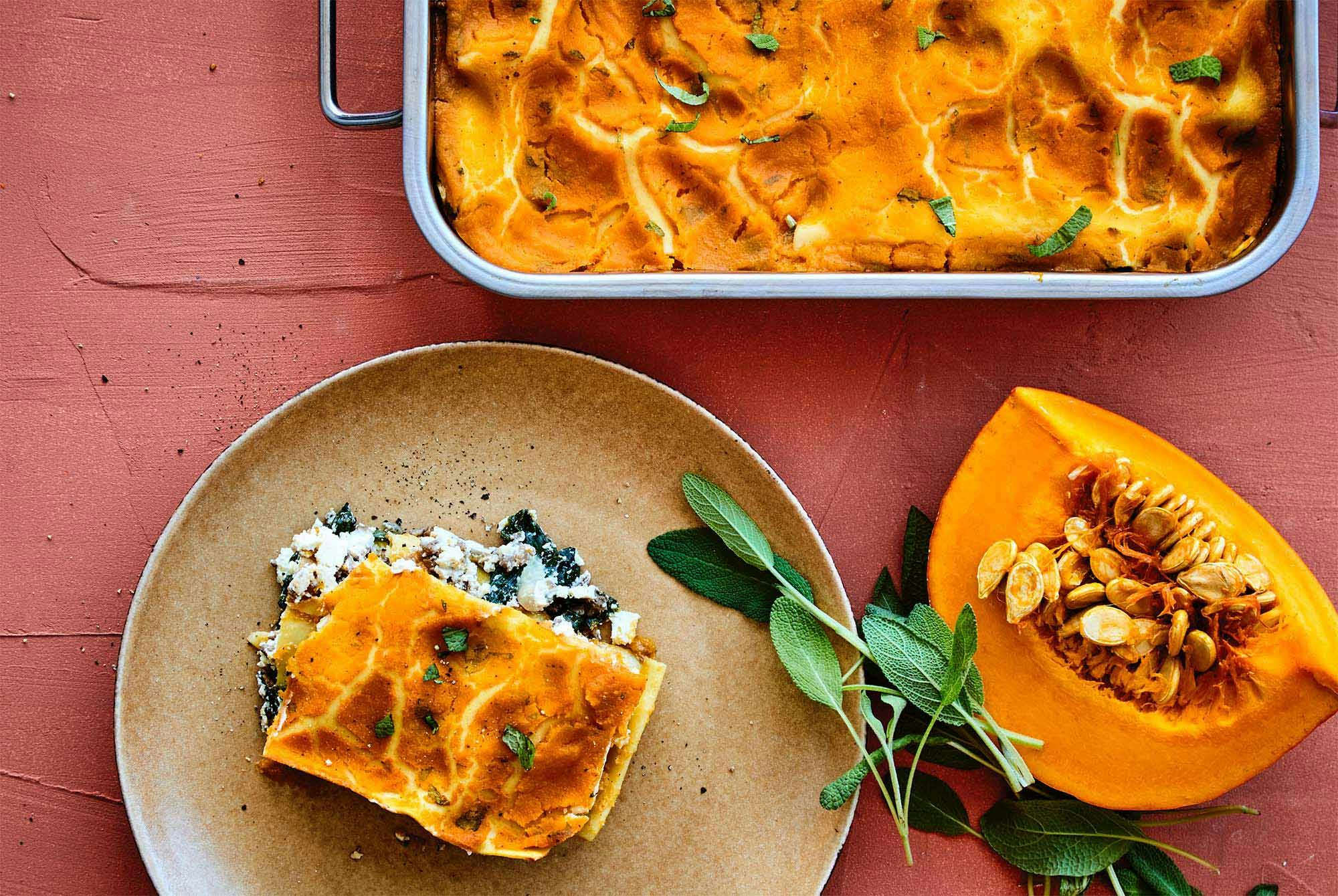 Gresskarlasagne med ricotta og spinat