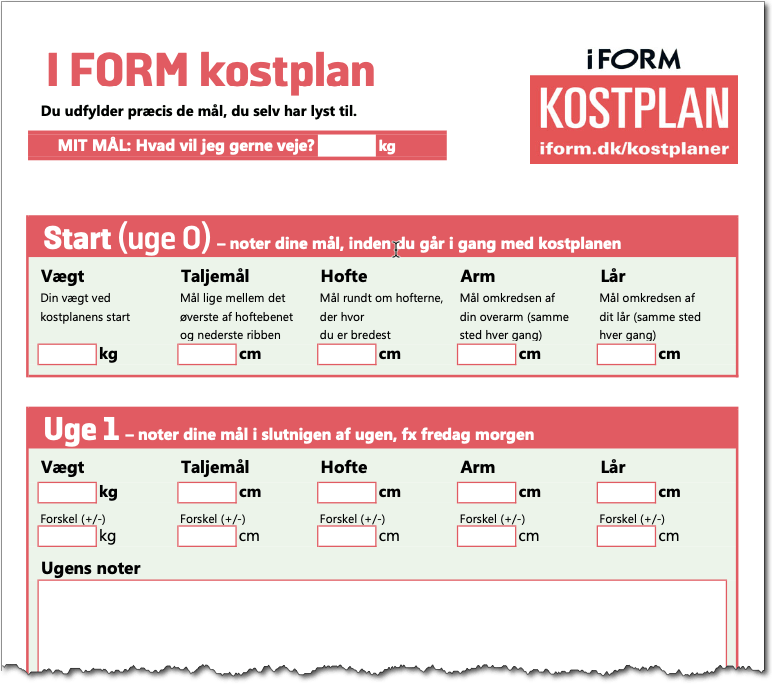 Udsnit af skema til I FORMs kostplaner