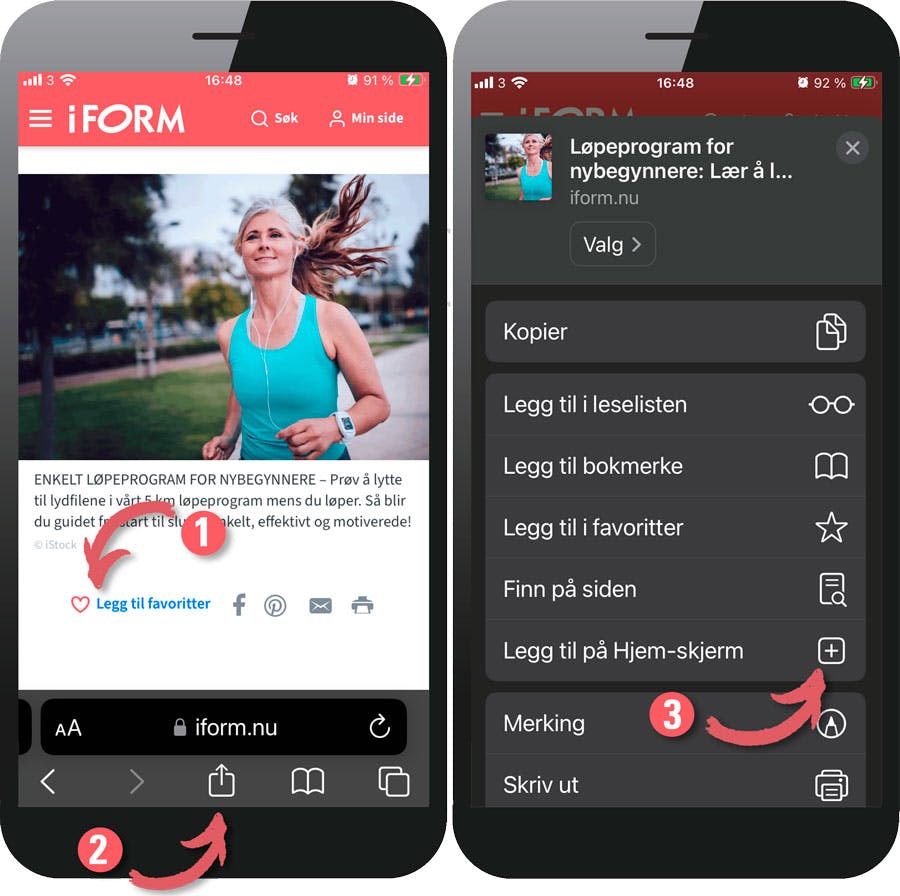 Lag en snarvei til løpeprogrammet for nybegynnere på mobilen - eller legg det til som favoritt. Her vist på iPhone i Safari.