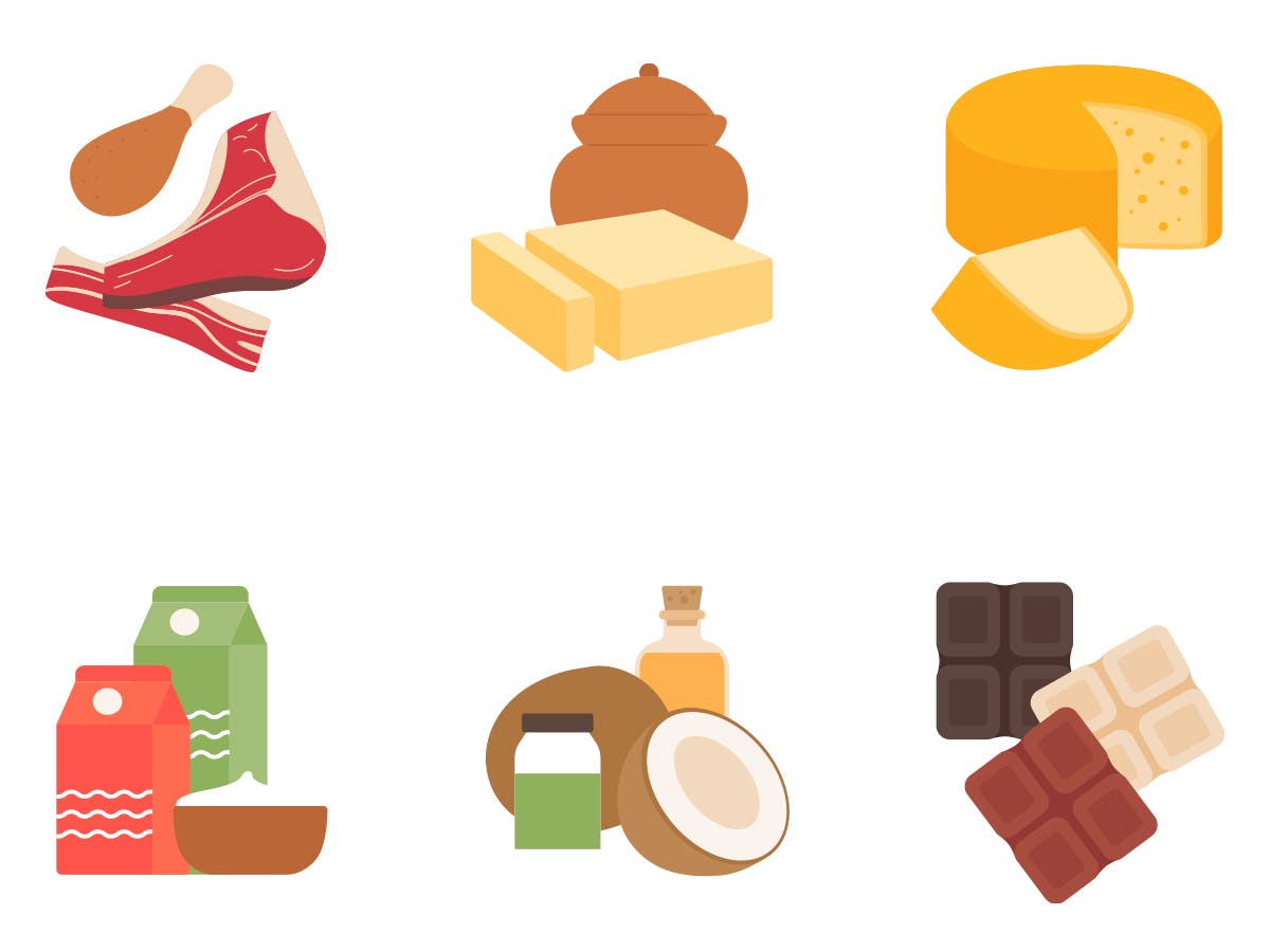 Piirroskuva, jossa on esimerkkejä runsaasti tyydyttynyttä rasvaa sisältävistä elintarvikkeista.