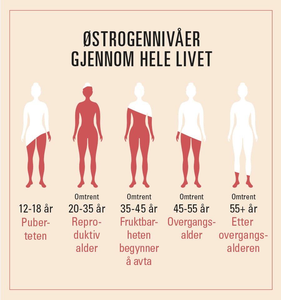 Illustrasjonen viser østrogennivået hos kvinner i alle aldre