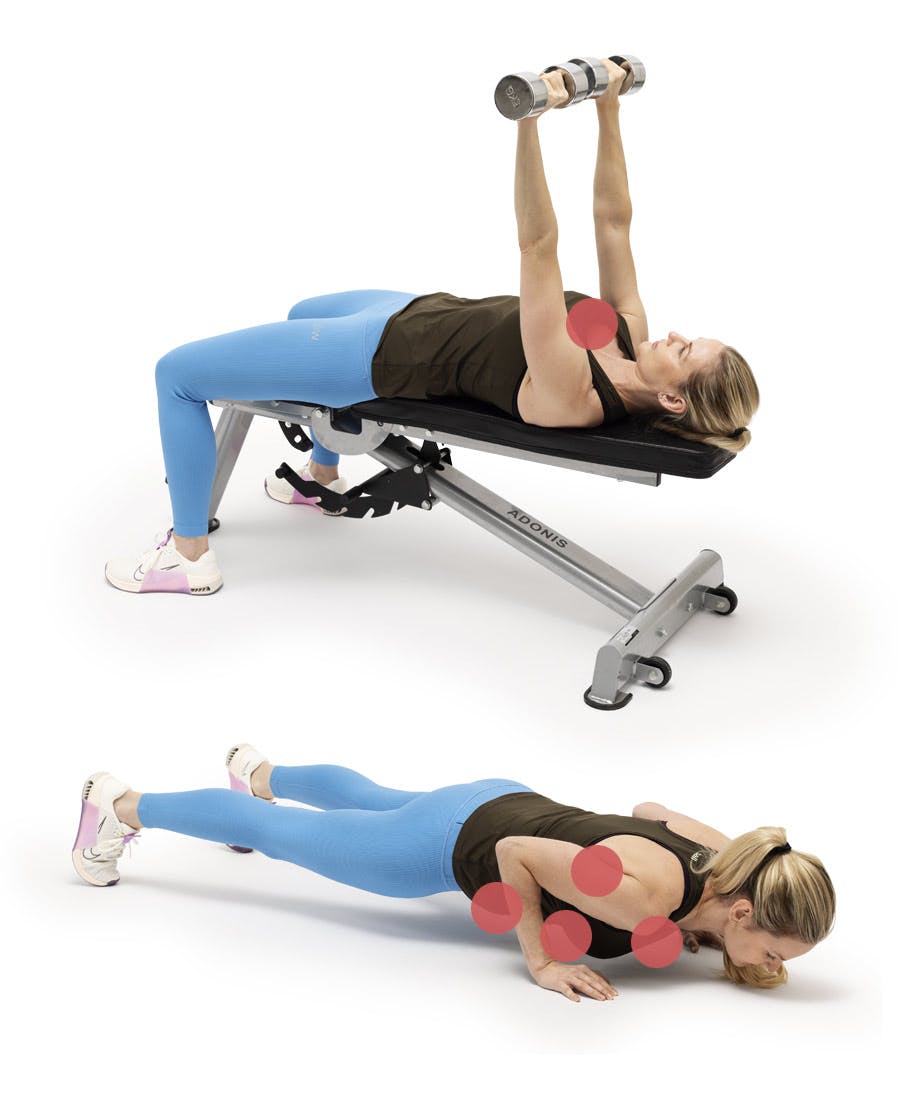 Nainen tekee penkkipunnerrusta ja etunojapunnerrusta.