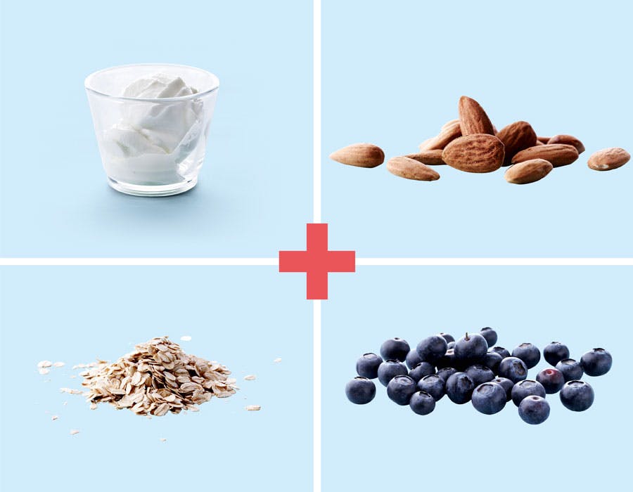 Sammensat foto med skyr, mandler, havregryn og blåbær