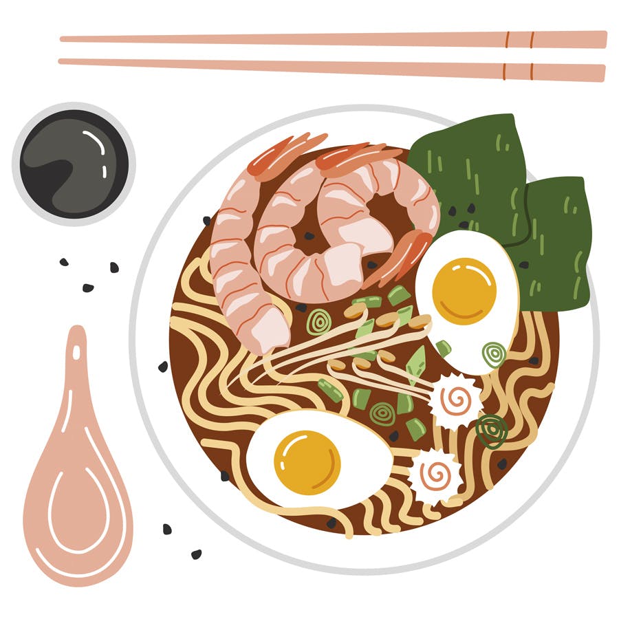 Grafisk bild av ramen, ätpinnar och sked