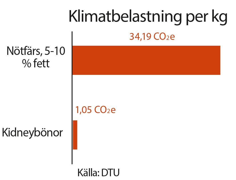 klimatpåverkan av kidneybönor jämfört med nötkött