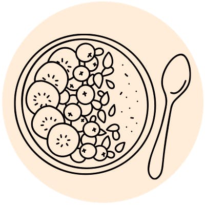 Piirroskuva, jossa kulhossa on rahkaa ja paloiteteltuja hedelmiä.