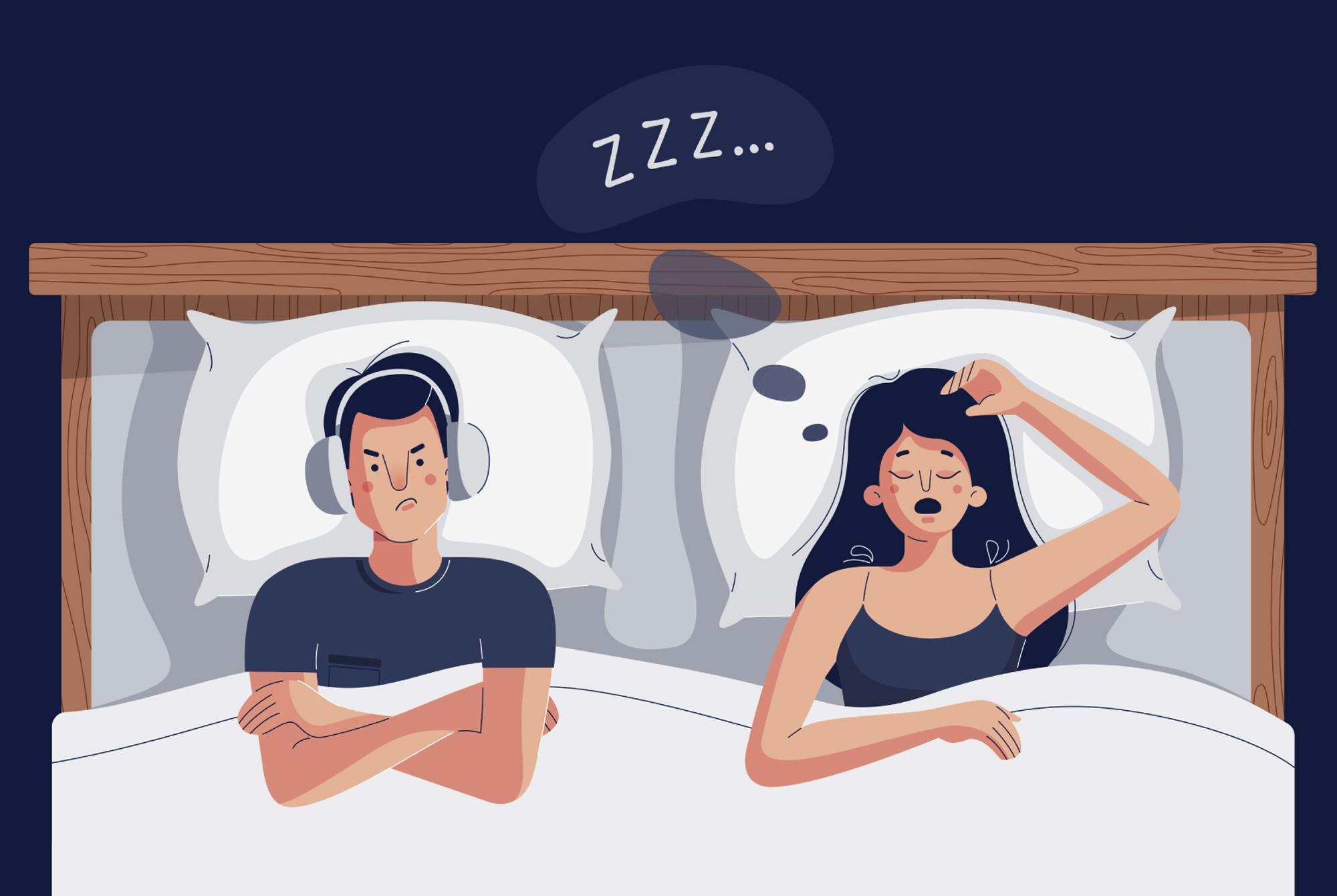 Tegning av et par som ligger i sengen. Kvinnen snorker slik at mannen ikke får sove.