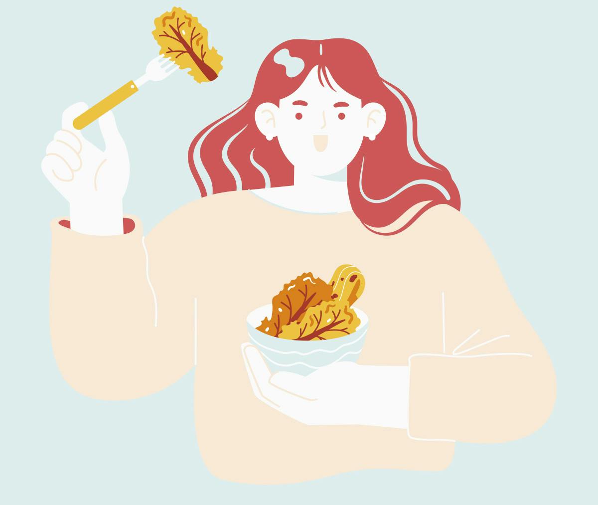 Piirros naisesta syömässä fermentoituja kasviksia.