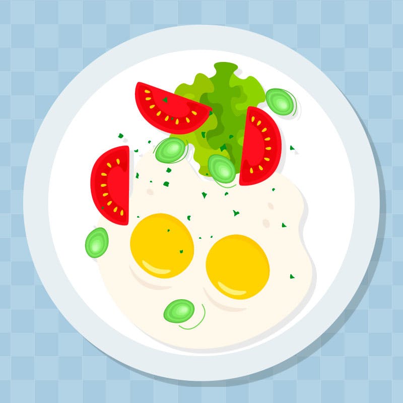 Grafik, tallerken med spejlæg og grøntsager