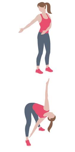 Ylävartalon kierto + kurkotus vastakkaiseen nilkkaan