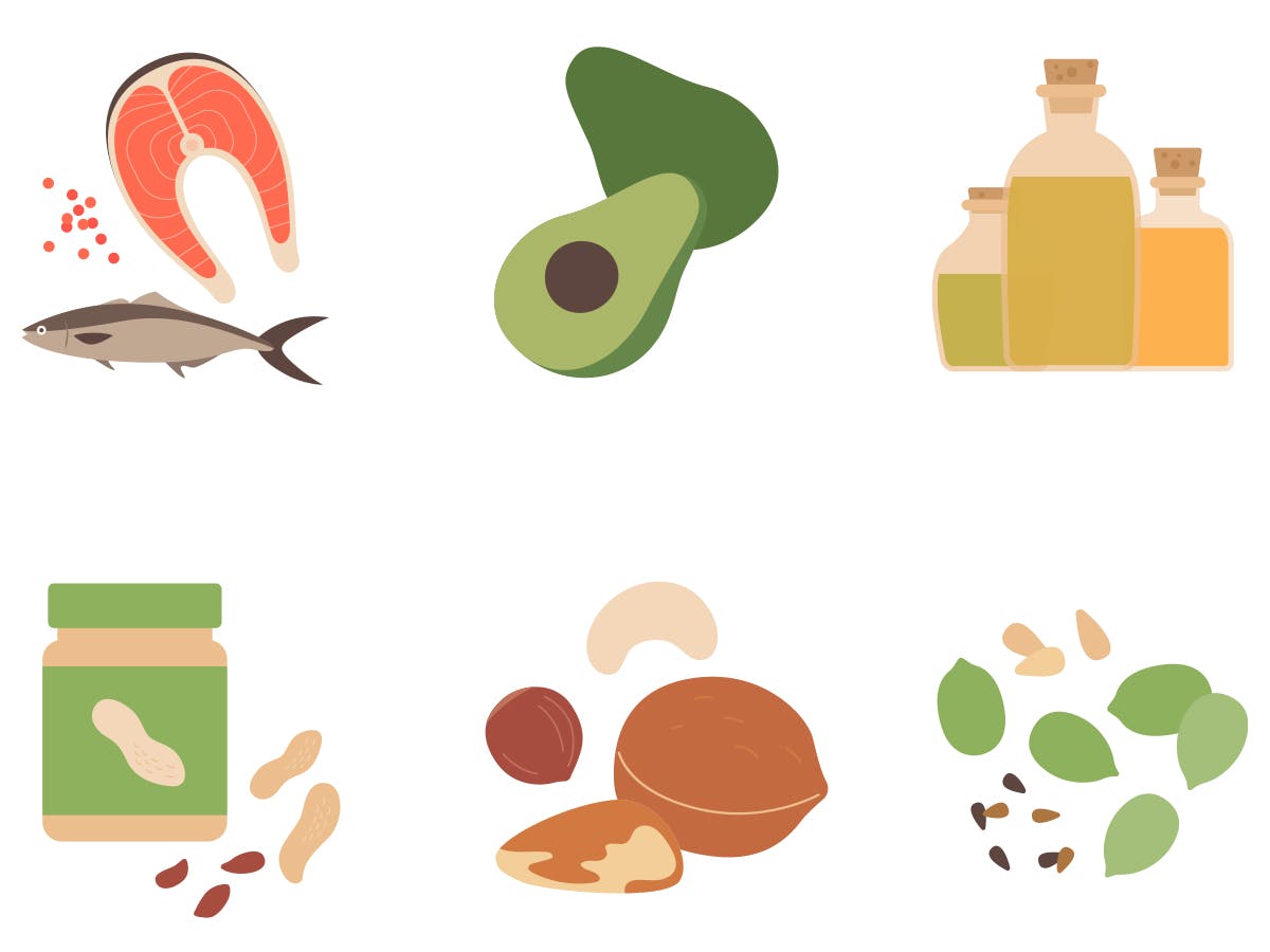 Piirroskuva, jossa on esimerkkejä tyydyttymätöntä rasvaa sisältävistä elintarvikkeista.