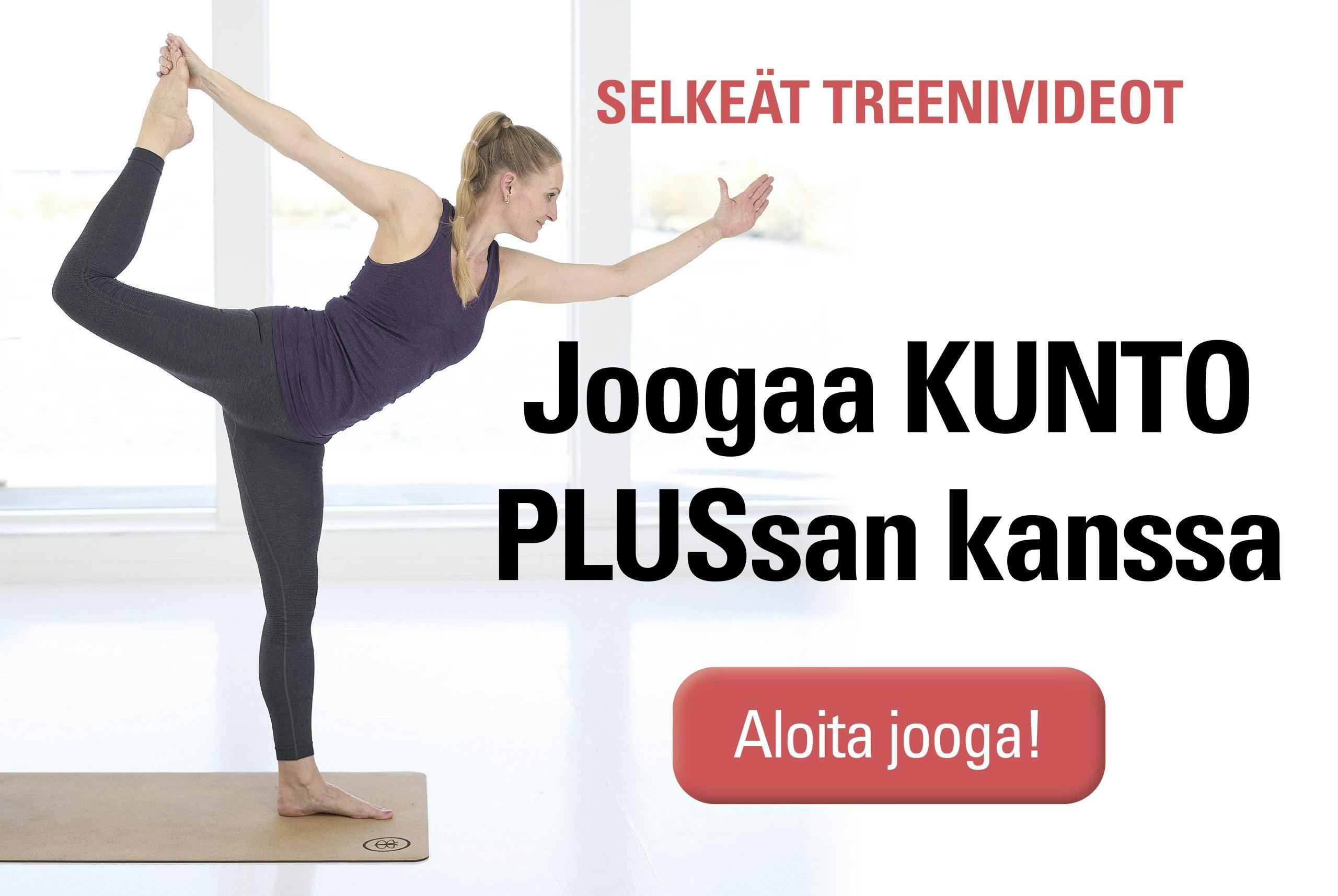 Kuvassa nainen joogaa ja painikkeesta on linkki KUNTO PLUSsan joogavideokirjastoon