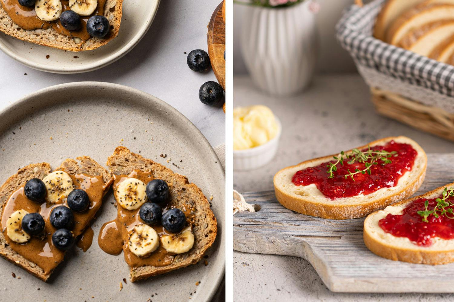 Maapähkinävoita täysjyväleivällä (matala-asteista tulehdusta hillitsevää ruokaa) vs. marmeladia vehnäpaahtoleivällä (lisää matala-asteista tulehdusta)