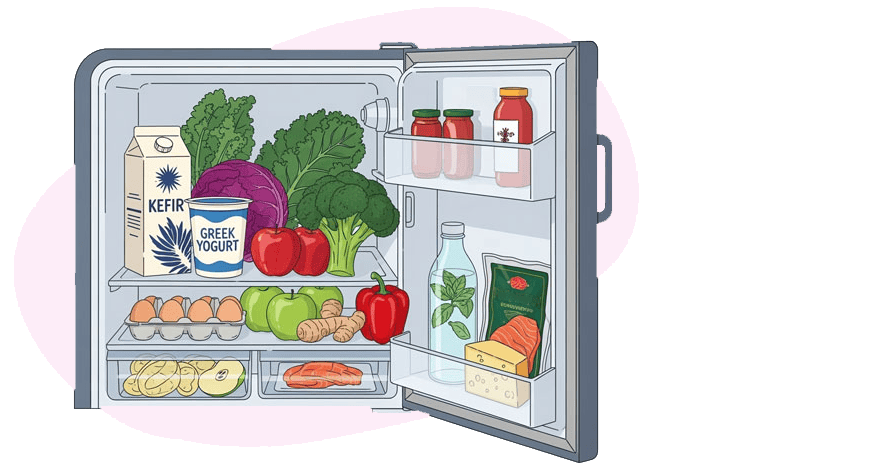 En artificiell intelligensbild av ett kylskåp som innehåller hälsosam mat.